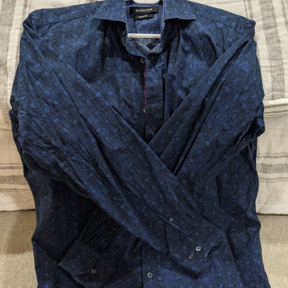 Bugatchi Grey/Blue Button Down Shirt: Men's Small - Picture 3 of 3